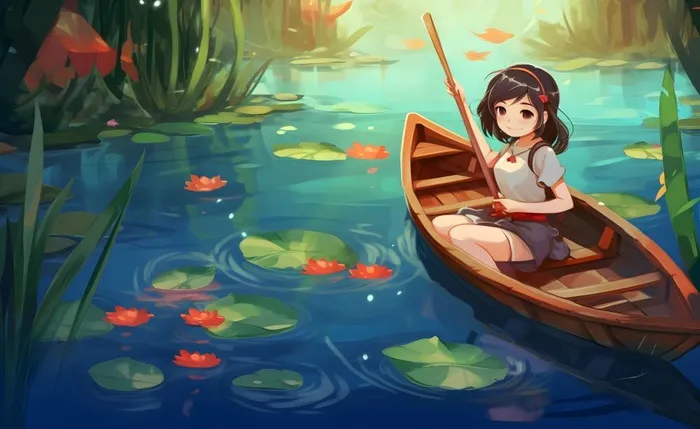 在湖中划船的女孩睡莲绿叶插画海报背景(5632x3456)