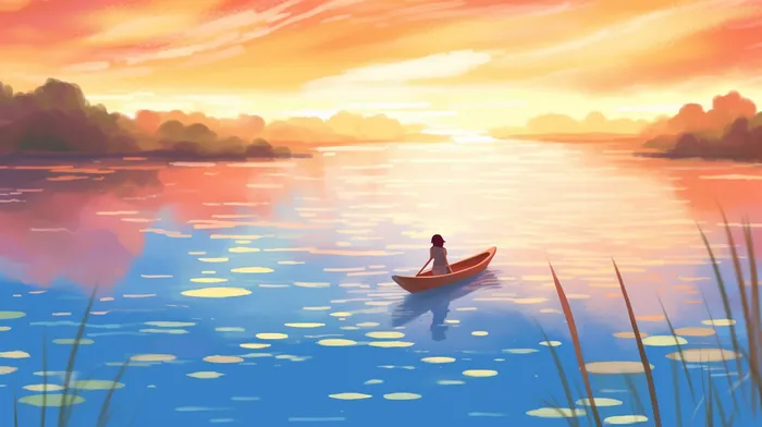 夕阳下女孩在船上划船天空湖泊倒影卡通插画(4368x2448)