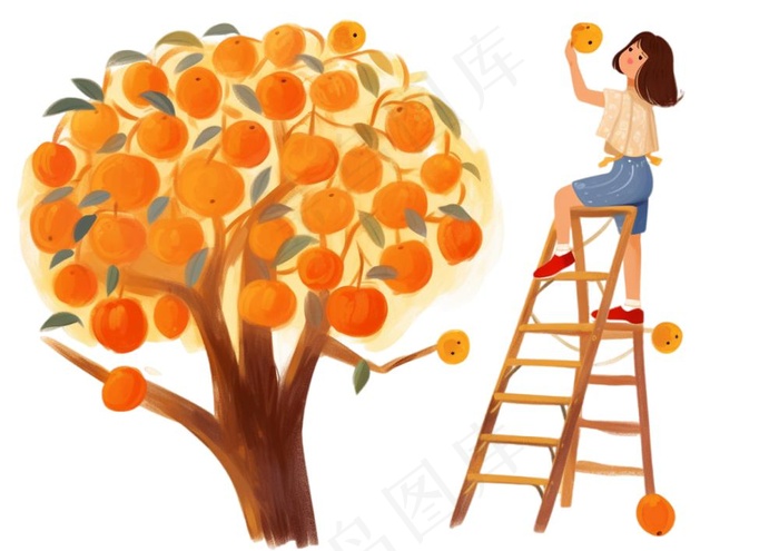 秋季爬梯摘水果的女孩橘子插画免抠
