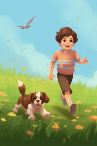 草坪儿童小狗玩耍蝴蝶插画背景