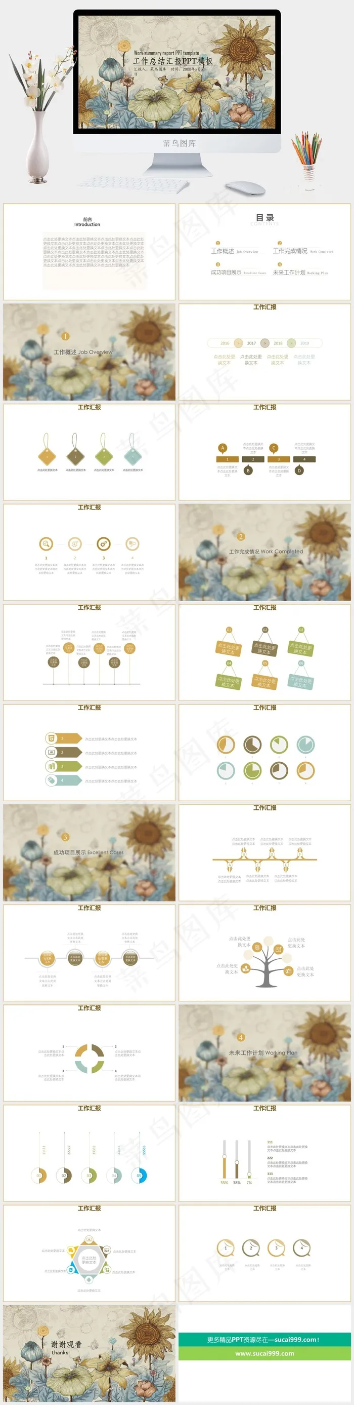 卡通花朵插画儿童教育培训PPT模板