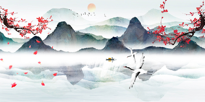 水墨画 梅花 仙鹤 中国风背景