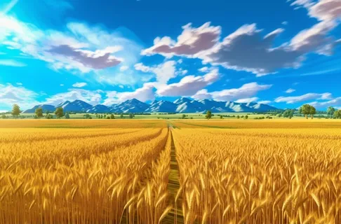 蓝天下的稻田金黄色的稻谷插画背景 蓝天下的稻田金黄色的稻谷插画背景