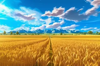 蓝天下的稻田金黄色的稻谷插画背景