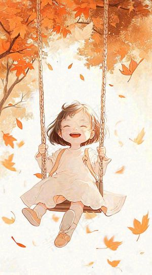 秋天秋叶少女儿童荡秋千玩耍，可爱手绘插画