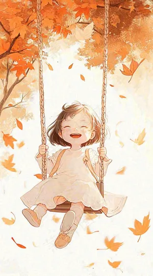 秋天秋叶少女儿童荡秋千玩耍，可爱手绘插画