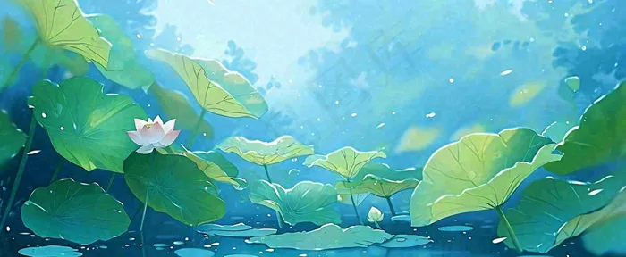 夏天池塘荷花池荷花荷叶河流插画手绘，夏至处暑小暑大暑(1712x704)