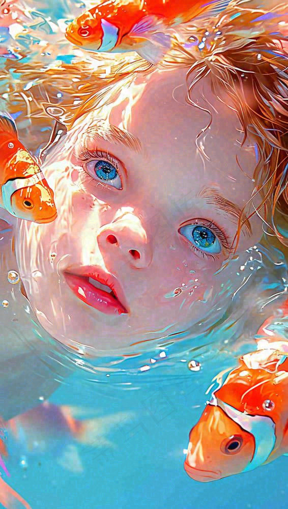 海底世界金鱼鱼类和小女孩人物游泳(816x1440)