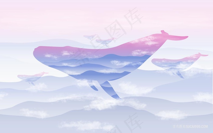 海豚水墨山脉插画