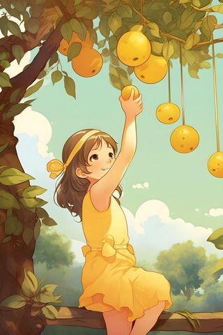 丰收可爱女孩水果金黄色插画背景