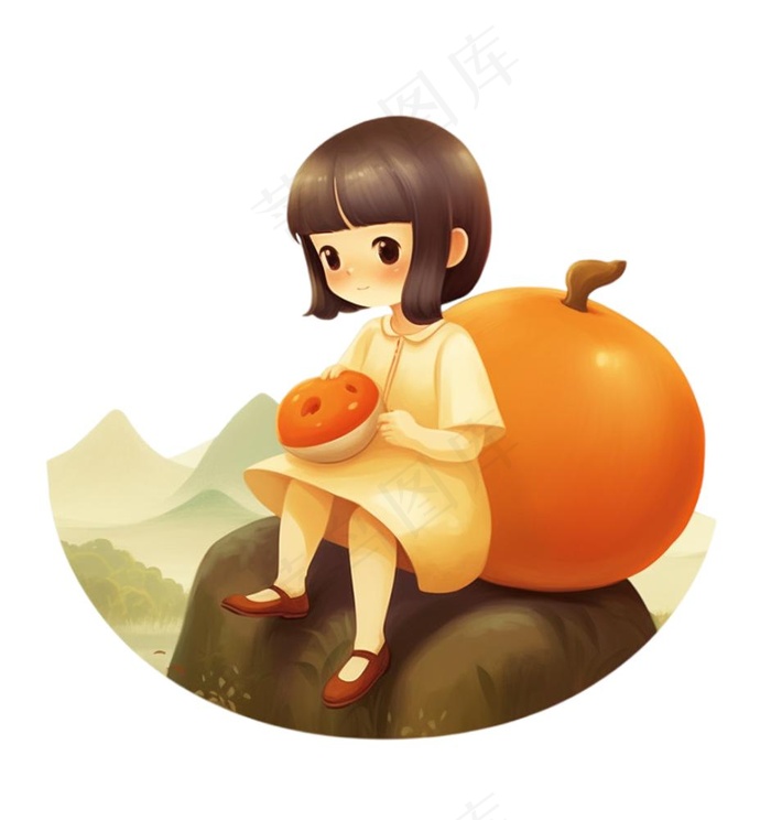 抱着南瓜的小女孩可爱卡通插画免抠(1024x1088)