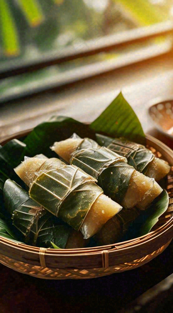 夏天端午阳光粽子粽叶竹篮米饭，芒种夏至(816x1472)