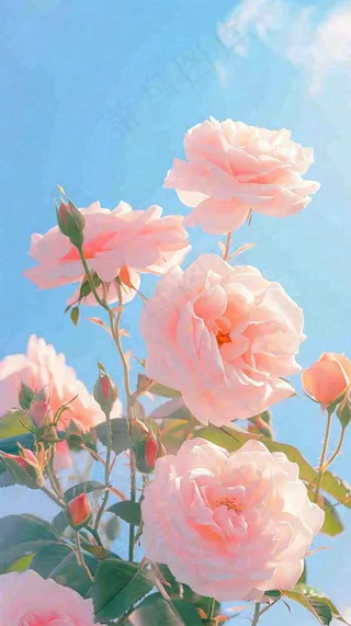 春天蓝天白云阳光下的粉色玫瑰花朵，谷雨立夏