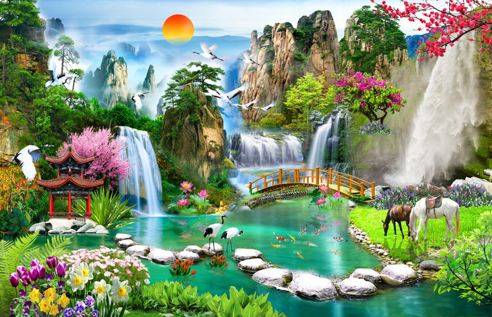 清新流水生财木房桃花双马背景psd模版下载