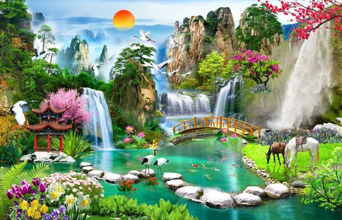 清新流水生财木房桃花双马背景 清新流水生财木房桃花双马背景