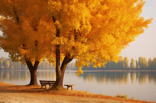 秋天湖边树下的座椅摄影图