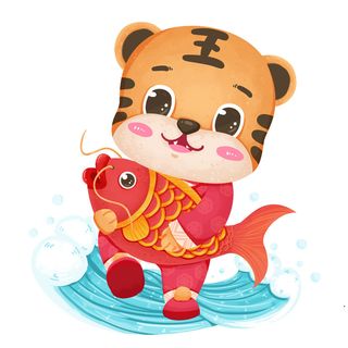 2022虎年吉祥物卡通公仔小老虎形象设计福字元素手绘插画psd素材