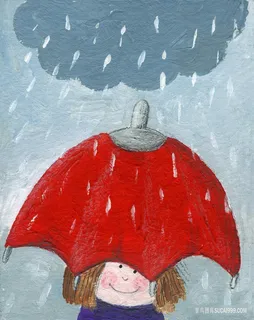 乌云雨天撑着红伞的女孩油画