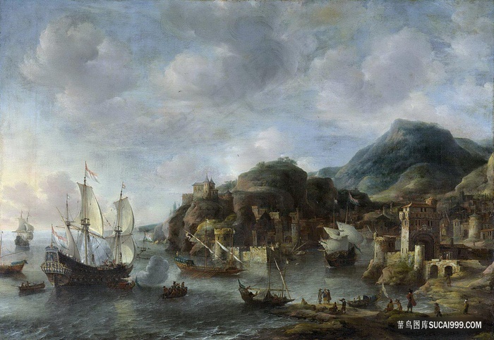 荷兰船只在外国港口油画
