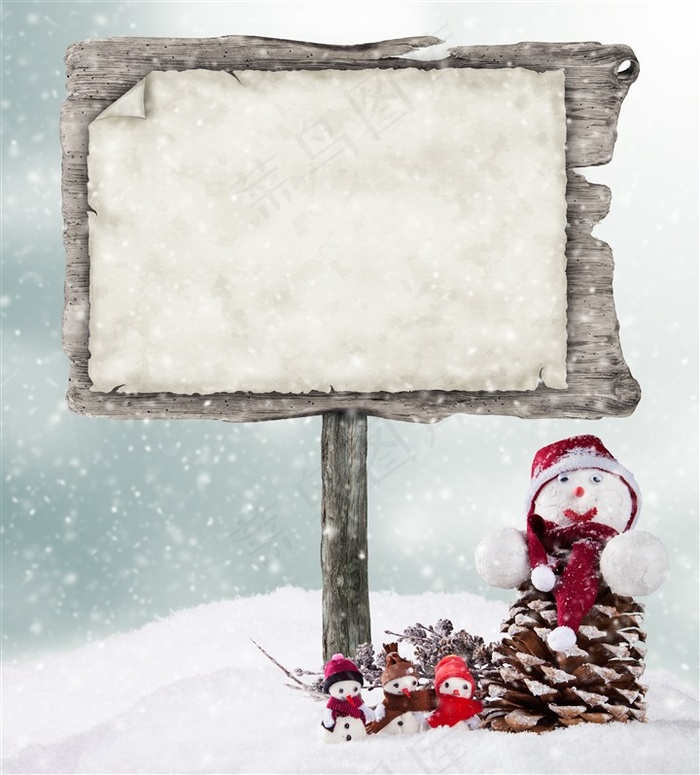 可爱小雪人旁边的公告板海报背景