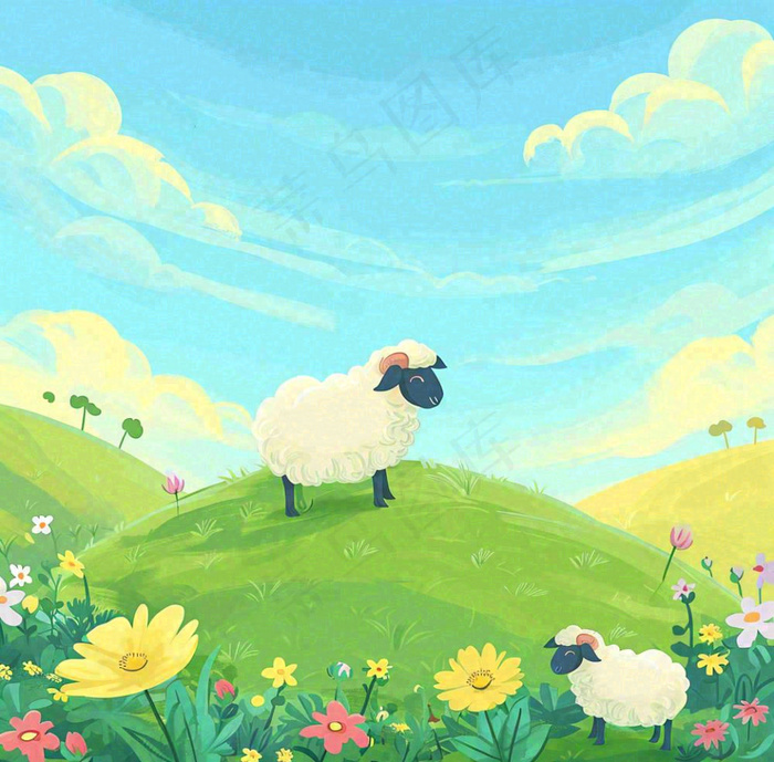 卡通手绘绿色春天草地鲜花花朵绵羊