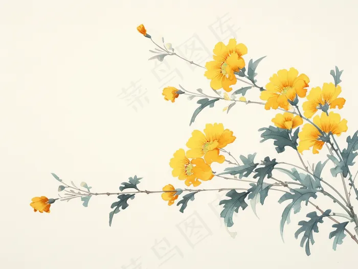 国风水墨画黄花枝条插画 (3696x2784)
