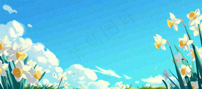 春天清新草地小花蓝天白云，鲜花向阳手绘插画(1632x720)