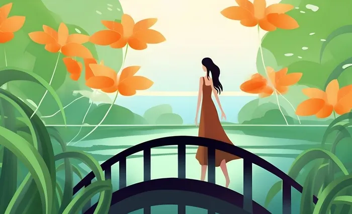 赏花荷叶睡莲女孩插画背景