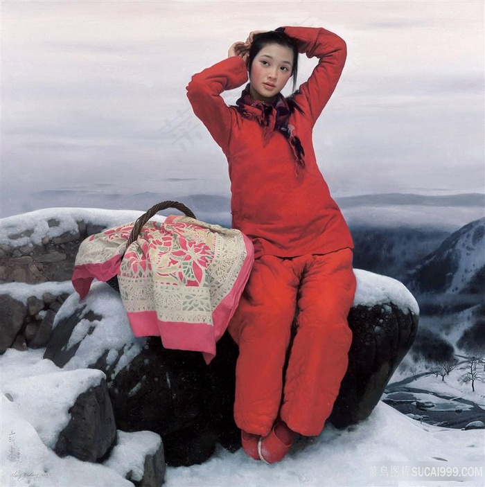 村妇雪景油画风景画