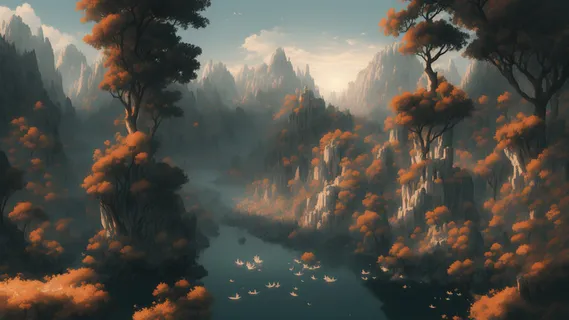 美丽大气写意风景背景壁纸插画-红峡