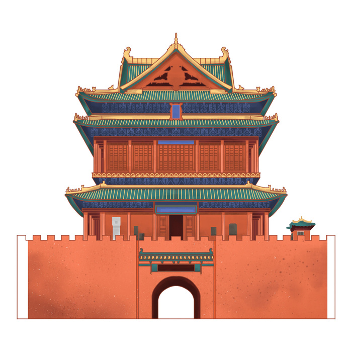 复古中国风国潮古建筑插画手绘高楼古塔PSD素材亭子png免抠图