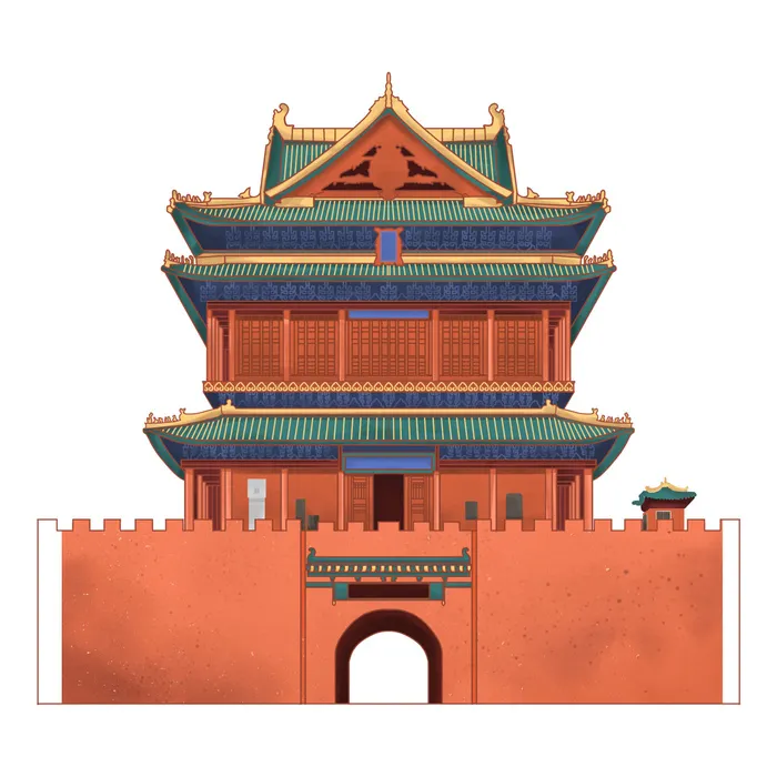 复古中国风国潮古建筑插画手绘高楼古塔PSD素材亭子png免抠图psd模版下载