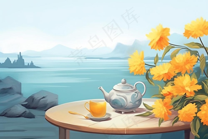 秋季山水赏菊泡茶重阳节插画素材(1344x896)