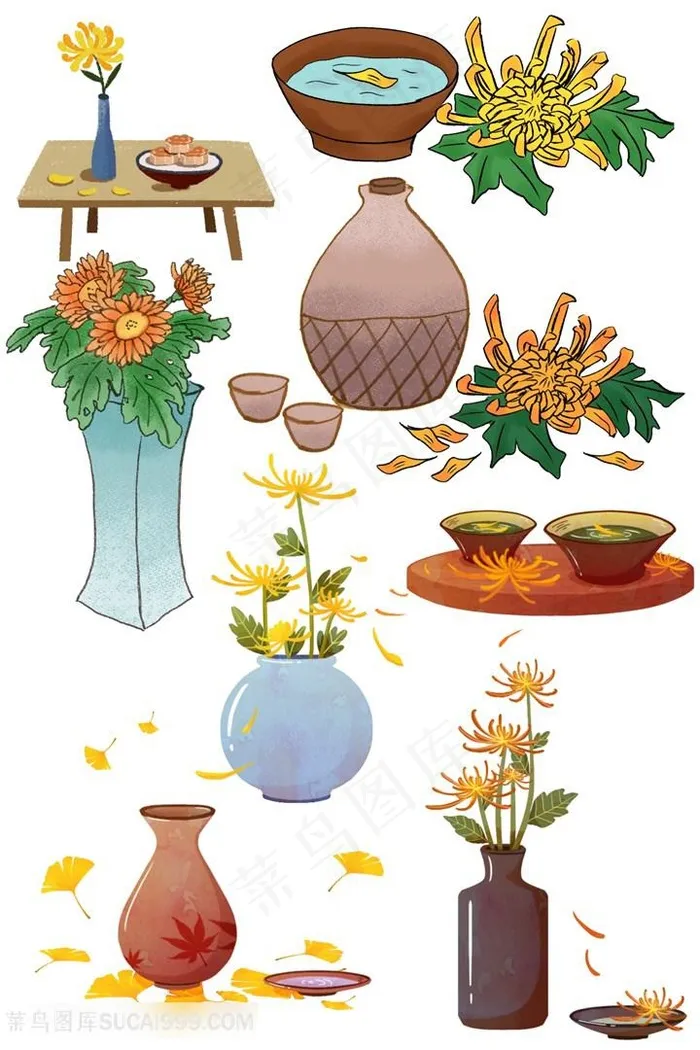 中秋节重阳节喝酒菊花飘落卡通唯美插画图片