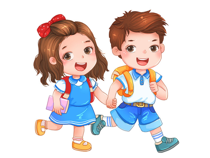 开学季学生穿校服手牵手开心的去上学插画