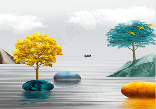 转运石新中式山水花鸟复古中国风背景高清图免抠元素客厅卧室装饰画玄关画