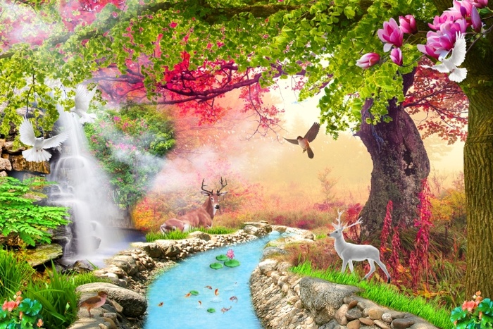 大树小河小鹿荷花风景