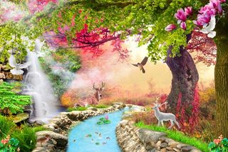 大树小河小鹿荷花风景