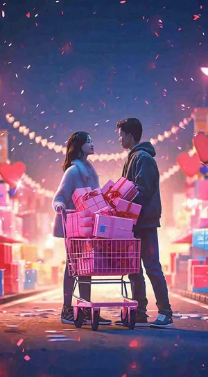 爱心购物车礼物浪漫粉色手推车，3D插画