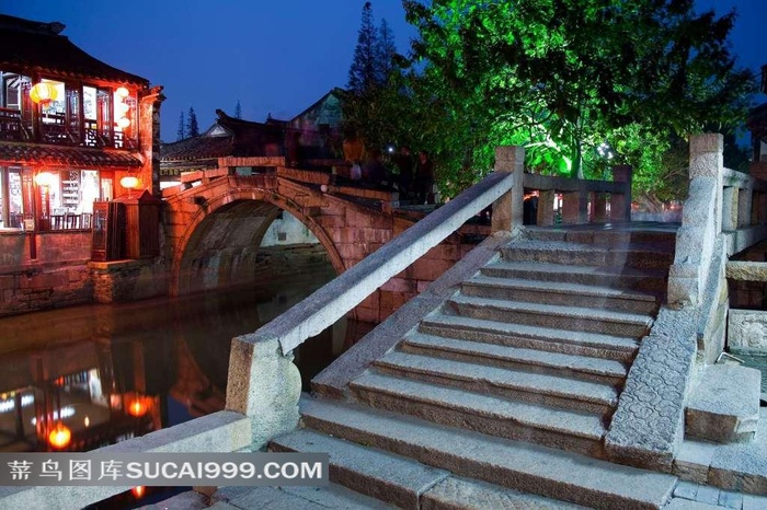 江苏昆山周庄石桥夜景素材