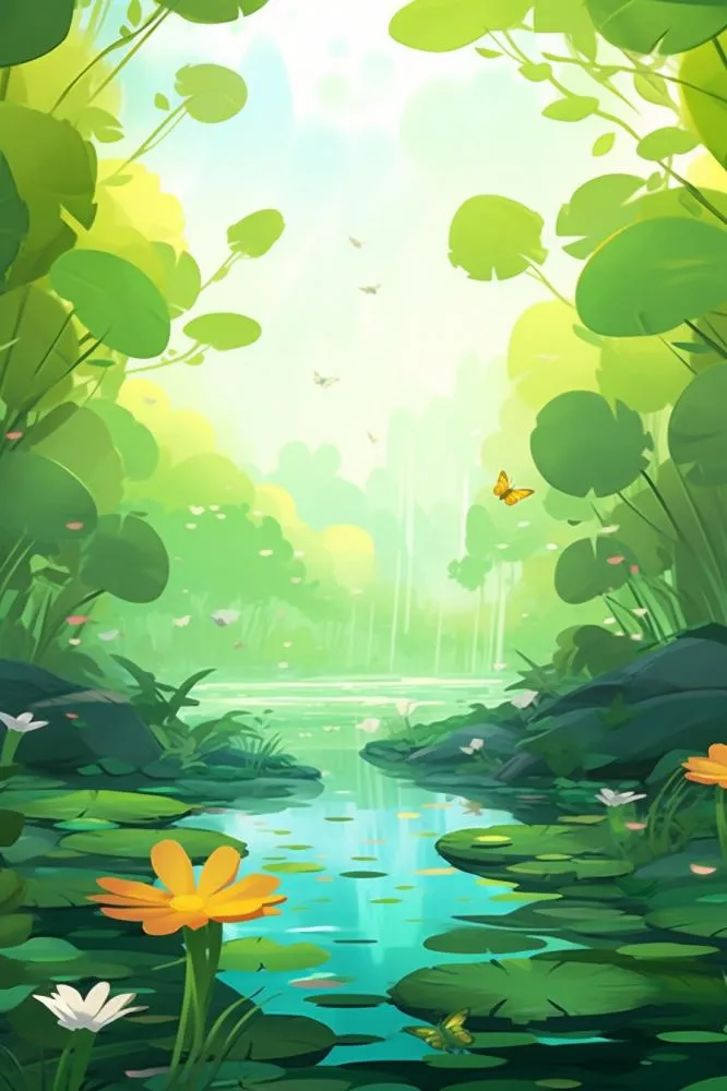 绿色荷花池温馨插画背景(896x1344)