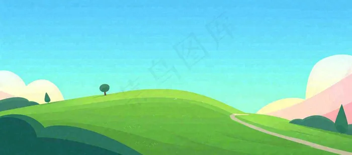 春天卡通扁平插画手绘蓝天绿色草地，春游，郊游，踏青(1632x720)