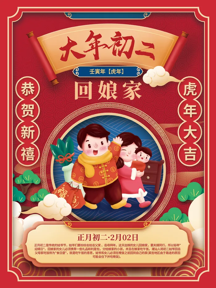 初二回娘家国潮中国风2022年虎年新年春节年俗海报psd模版下载