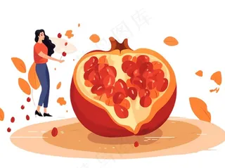 石榴水果少女卡通插画免抠