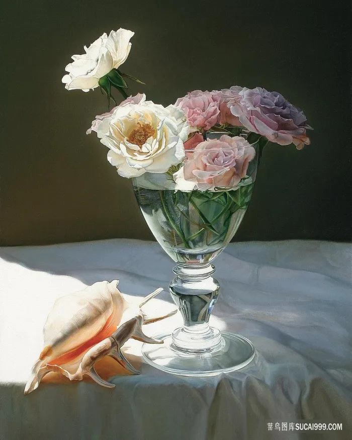 静物花卉透明杯子插画油画