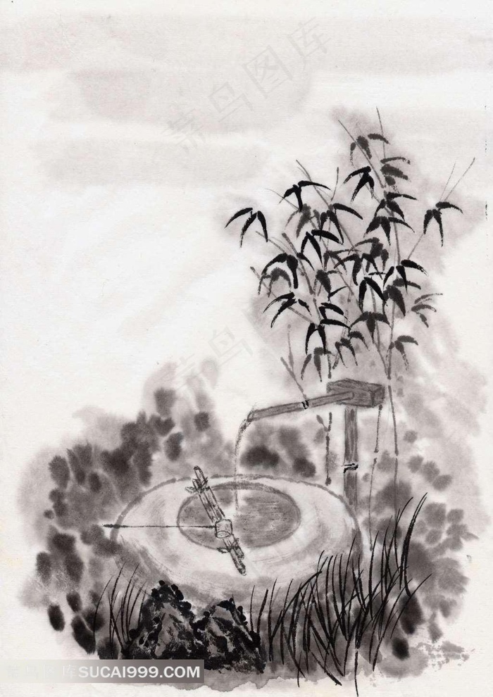 山中泉水竹子水墨画图片