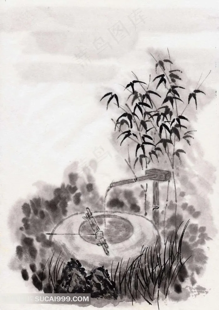 山中泉水竹子水墨画图片