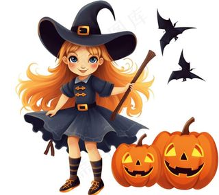 万圣节女巫蝙蝠南瓜卡通插画免抠