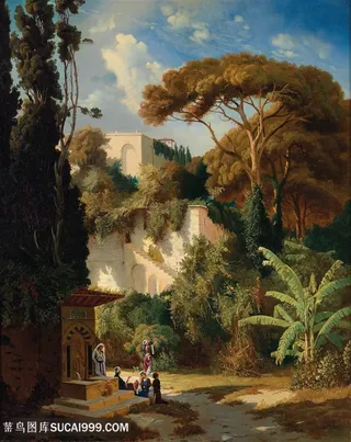 欧洲后院的人们风景油画图片