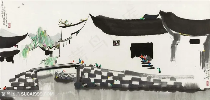 吴冠中手绘水墨湖畔房子